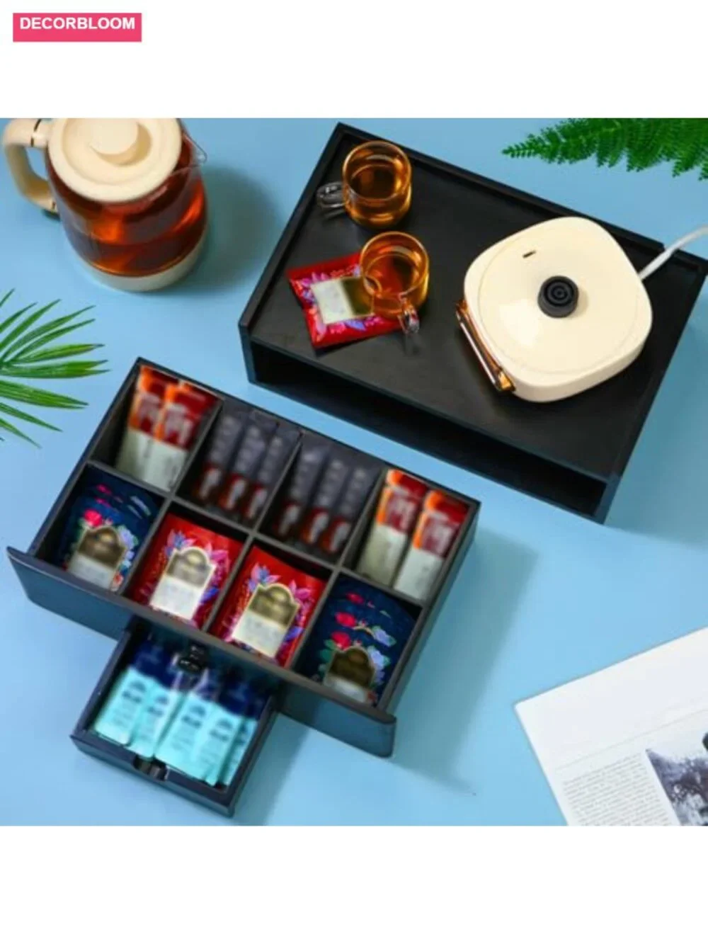 Wood Tea Bag Organizer Storage Box 8 Compartments With Lid
